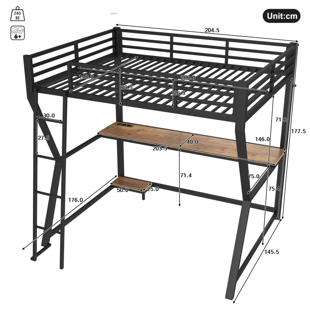 Letto a soppalco 140x200 cm con scrivania, LED e USB nero