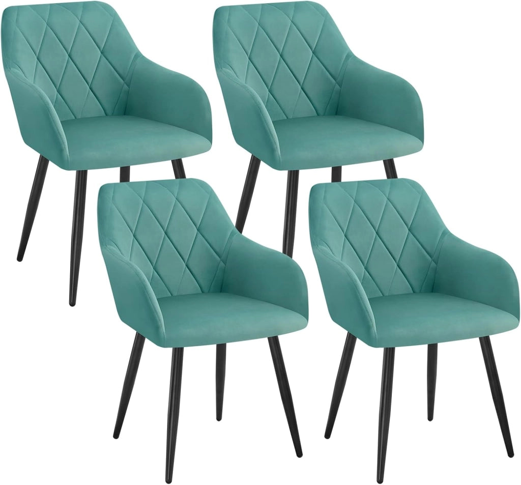 Set di 4 Sedie per Sala da Pranzo Imbottita, Poltroncina in Velluto,Sedia da Cucina con Braccioli e Schienale, Gambe in Metallo, Azzurro, BH352ts-4
