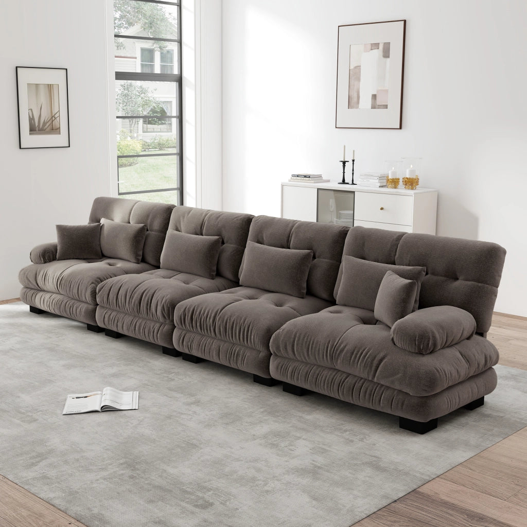 Divano angolare modulare 4 posti con seduta profonda e cuscini, in chenille marrone per soggiorno 406 × 77 × 81 cm