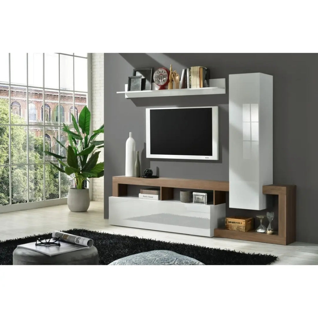 Set arredo salotto con contenitori, collezione BURA, lunghezza 219 cm, bianco laccato/quercia mercurio.