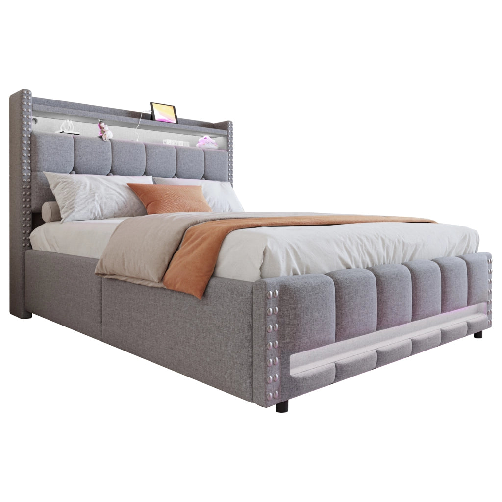 Letto Imbottito Contenitore con LED e USB ¨C MINIMAL ¨C Matrimoniale 140x200, Tessuto Grigio Chiaro