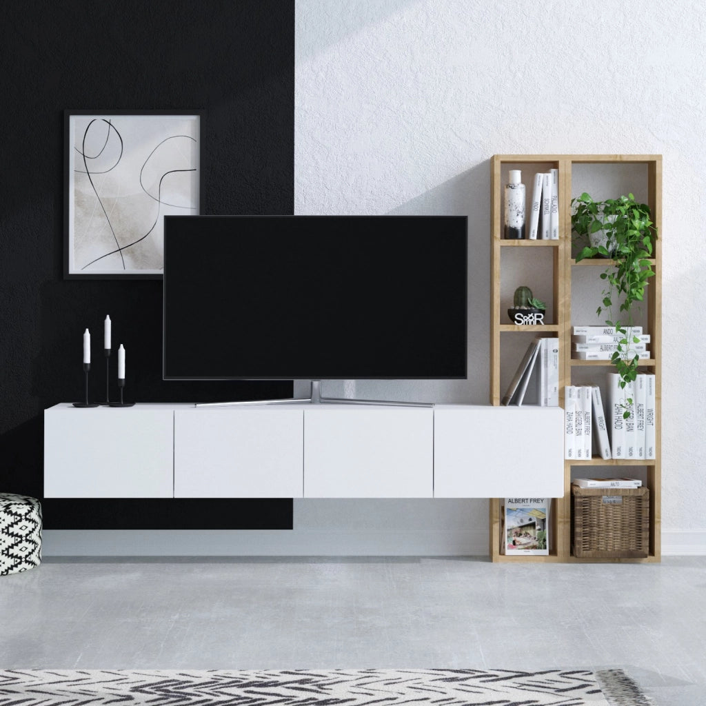 Porta TV in legno "Pana" - 182 x 32 x 25 cm - Bianco, Rovere