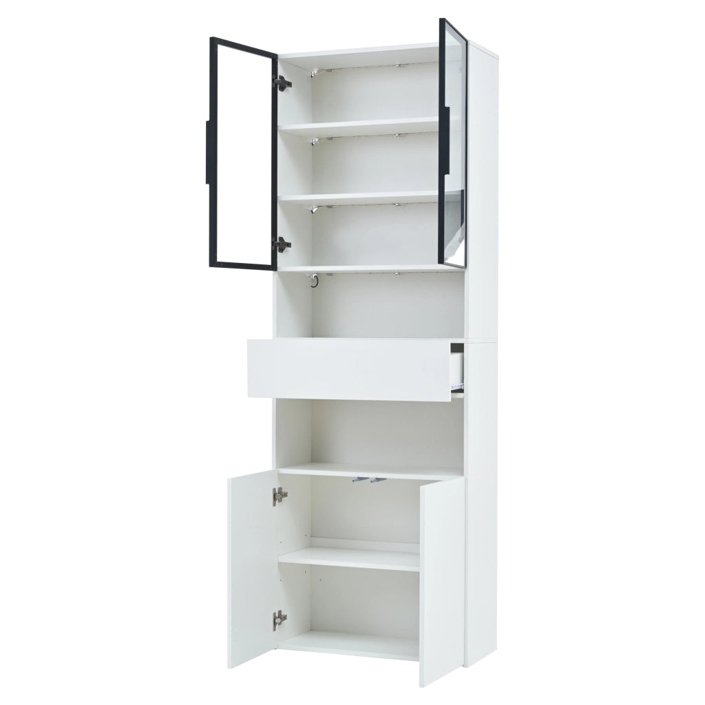 Vetrina con 2 ante in vetro, 1 cassetto, 2 vani aperti e LED, per soggiorno, in truciolare, bianco, 70 × 30 × 200 cm