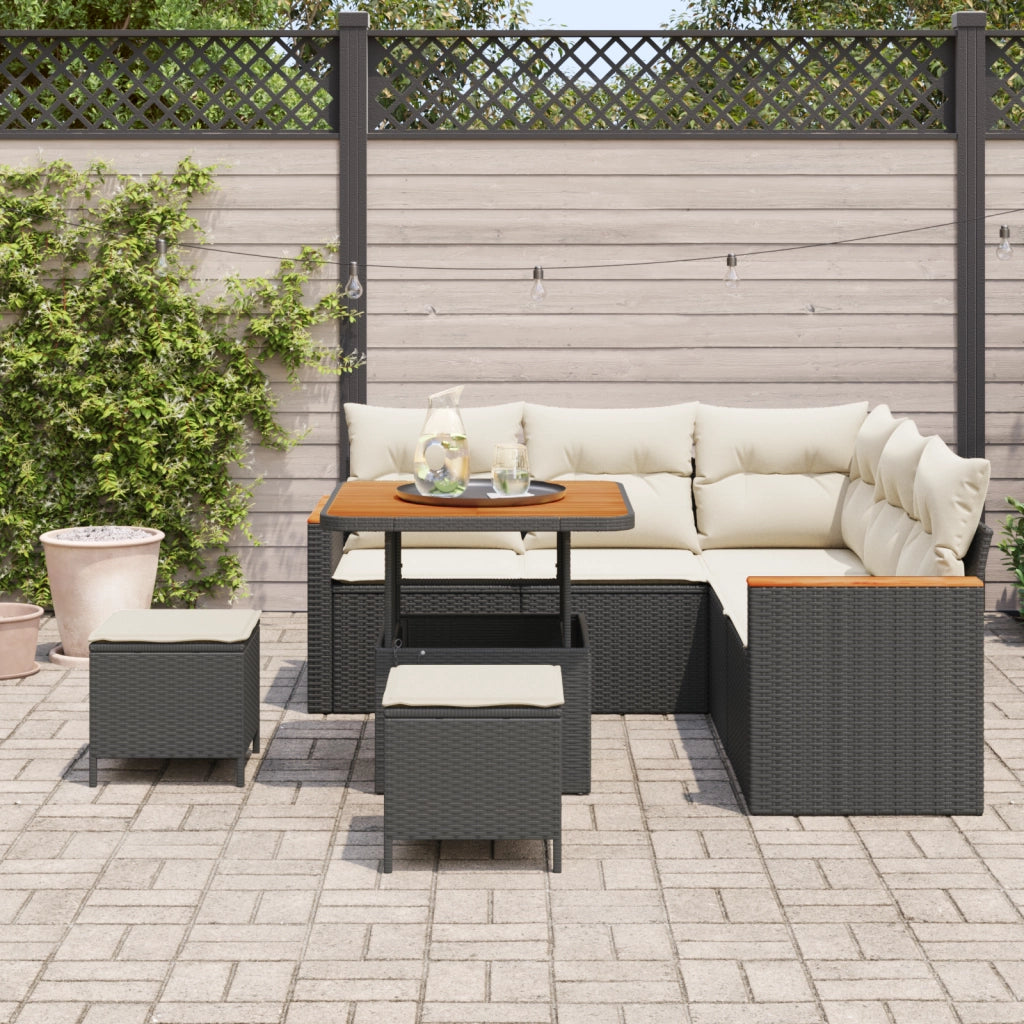 Set Divano da Giardino 8 Pezzi con Cuscini Nero Polyrattan Acacia
