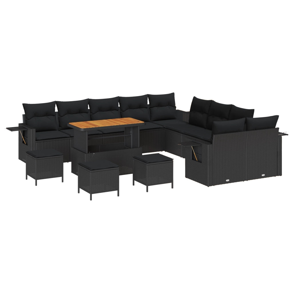 Set Divano Giardino 14 Pezzi con Cuscini Nero Polyrattan Acacia