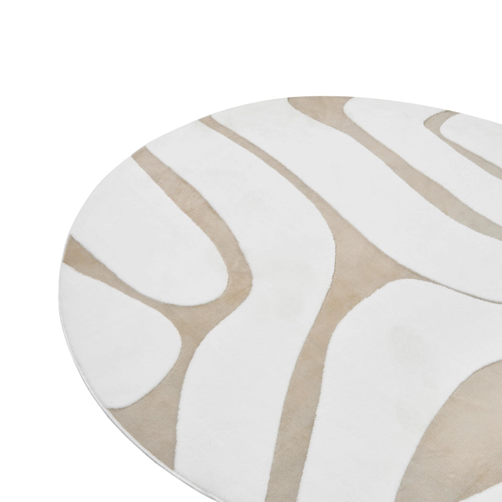 Tappeto Rotondo da Soggiorno Beige e Bianco Jacquard 160 x 230 cm a Pelo Alto in Poliestere con Retro Antiscivolo Stile Moderno