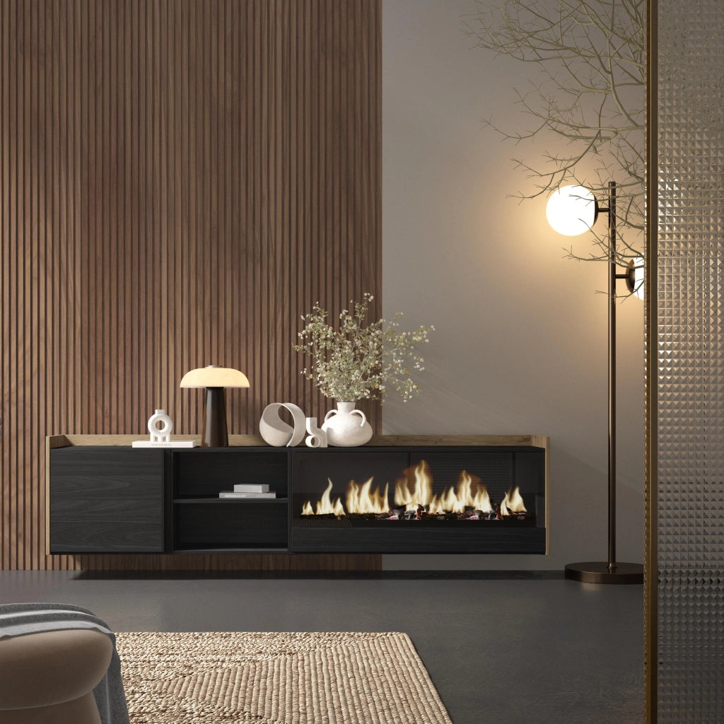 Mobile TV Soggiorno, 212x50x35 cm, Per TV fino a 80", Camino elettrico XXL, Sospeso, da appendere, Nero e rovere