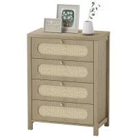 Cassettiera 4 cassetti in stile boho con ante in resina intrecciata, 70x38x93 cm, Legno Naturale