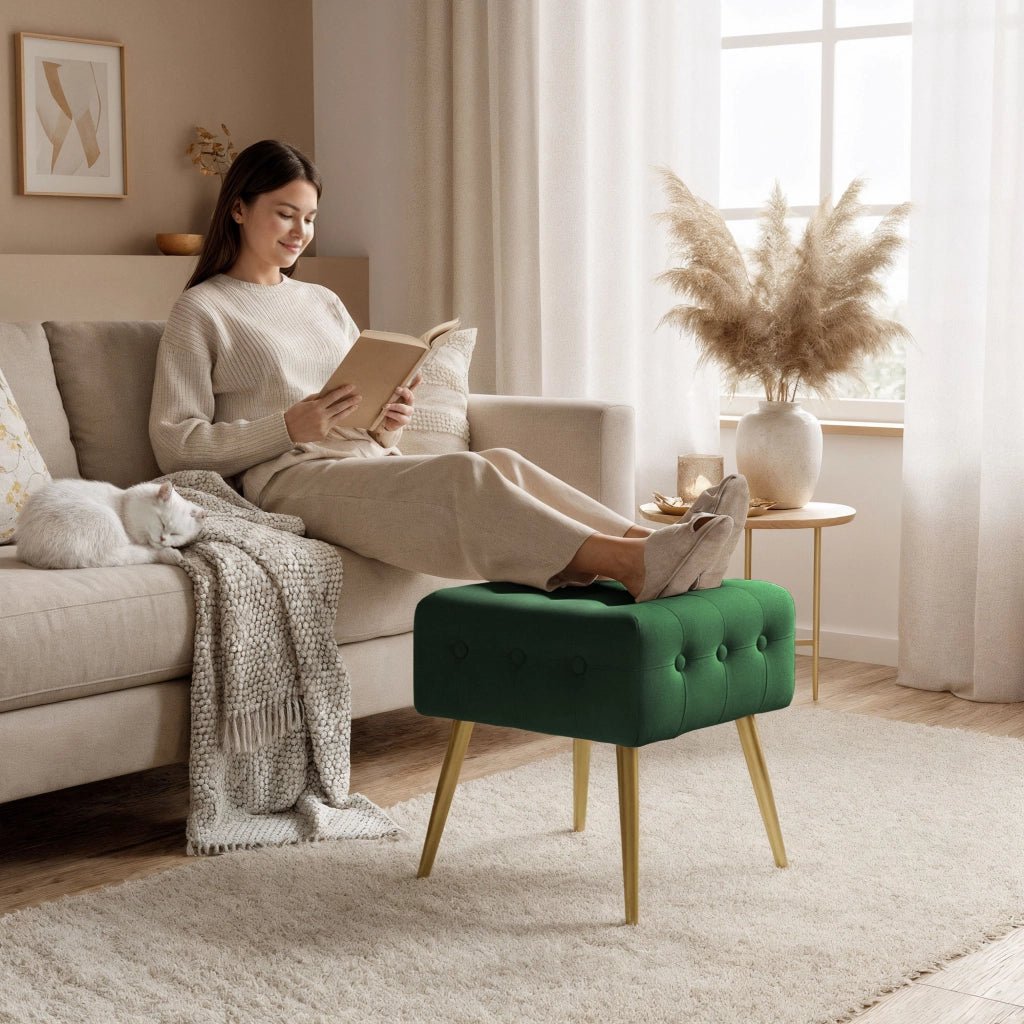 Pouf sgabello in velluto trapuntato 40 cm QUADRA Verde Bottiglia
