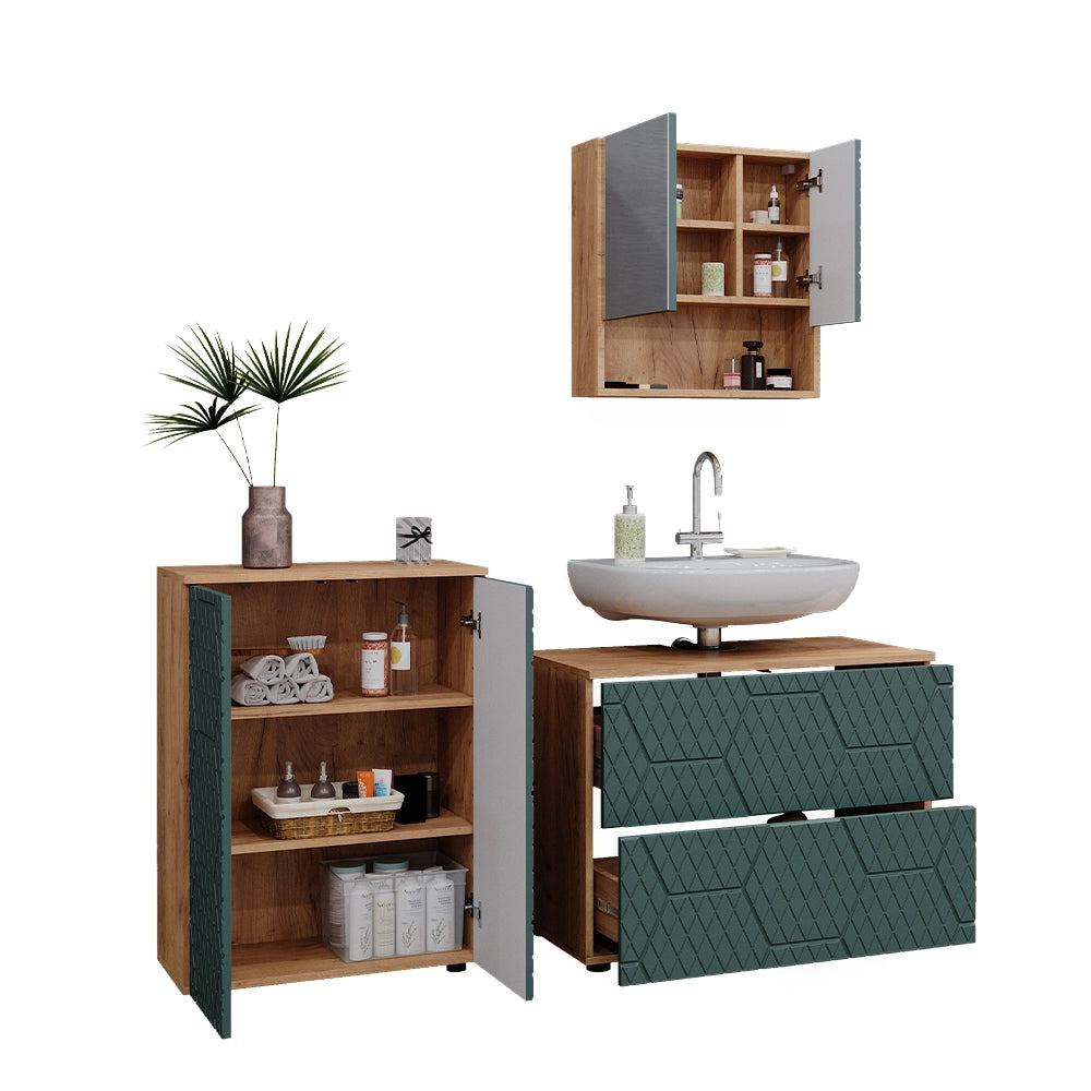Vicco Set mobili bagno Quercia verde/oro 3 parti, con base 80 cm