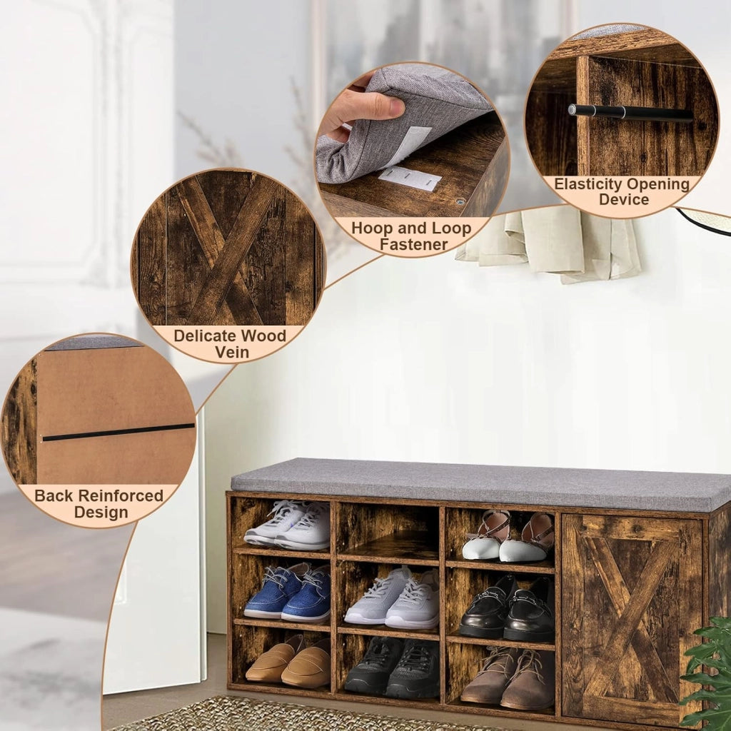 Panca Scarpe con Cuscino Imbottito Rimovibile, Ripiani regolabili in Altezza a 3 Livelli, Armadio con Apertura Elastica, Ripiano Scarpa per Corridoio, Camera da letto, Ingresso (Marrone)