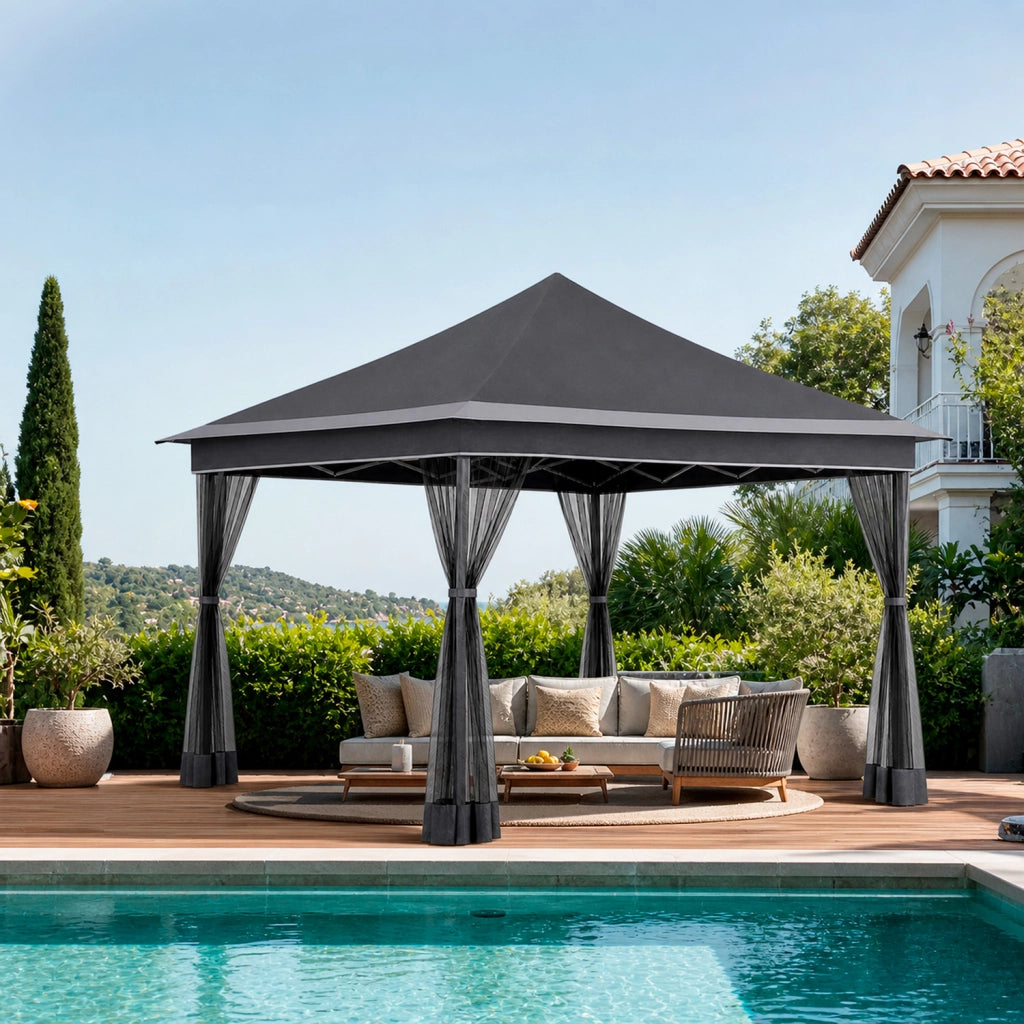 Gazebo Pieghevole Da Giardino Con Teli Zanzariera Laterali Copertura Oxford UV50+ Telaio Regolabile Pop Up Con Borsa Trasporto Outdoor 360 x 360 x 310 Cm Grigio Scuro