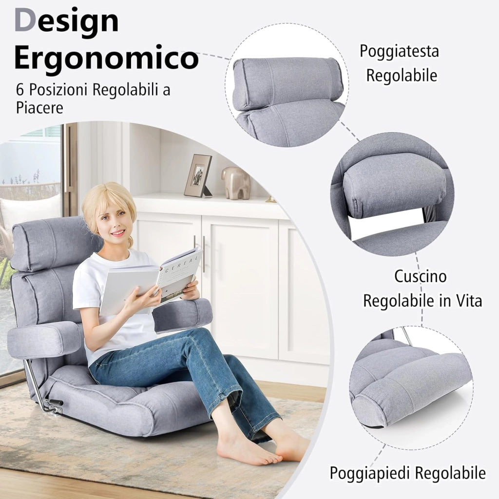 Sedia Divano Pieghevole, Poltrona Letto Singolo con Schienale Regolabile, Poggiatesta Lombare e Poggiapiedi Regolabile a 6 Posizioni, 80 x 72 x 75 cm (Grigio)