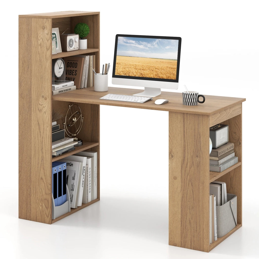 Scrivania per computer 48 Inch con libreria a 4 ripiani e supporto CPU, legno MDF colore naturale, salvaspazio per casa e ufficio