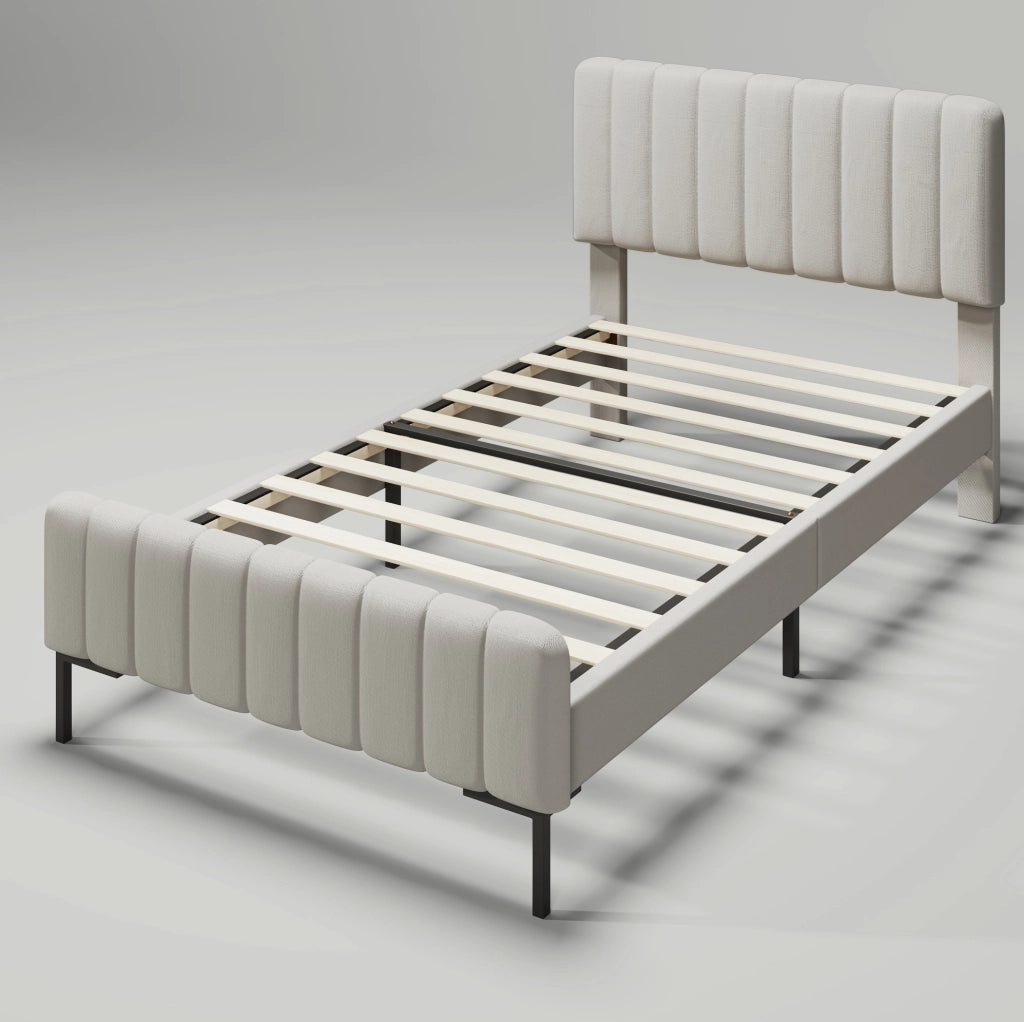 Letto imbottito singolo 90x200 cm con testiera regolabile; lino grigio beige