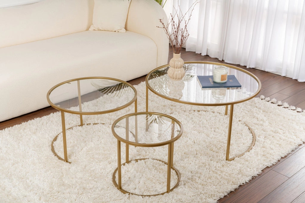 Set di 3 tavolini in metallo "Aurum" - 80 x 80 x 43 cm - Oro trasparente