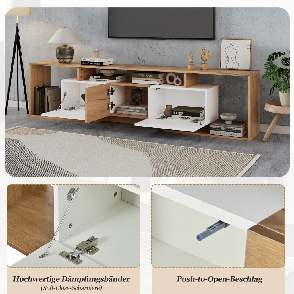 Mobile porta TV con 2 ante a ribalta, 1 anta e 3 vani aperti, per soggiorno, bianco e naturale 180 × 30 × 49 cm