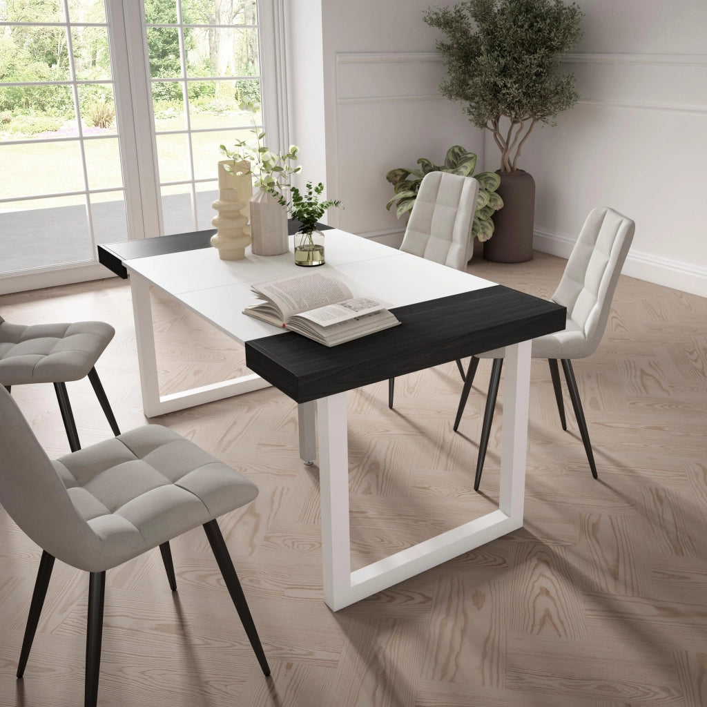 Consolle allungabile, 58 fino 160x90x73cm, Per 8 persone, Gambe in legno, Bianco e nero RF2748