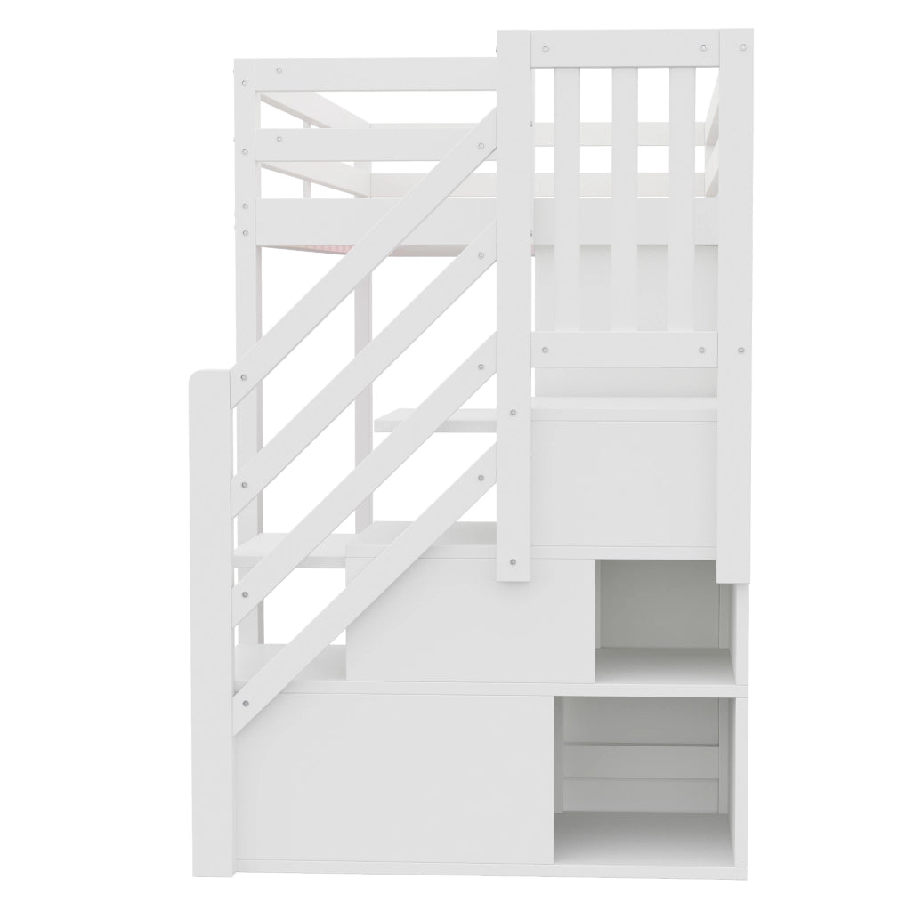Letto a soppalco 90x200 cm in legno bianco con armadio integrato; ripiani e LED