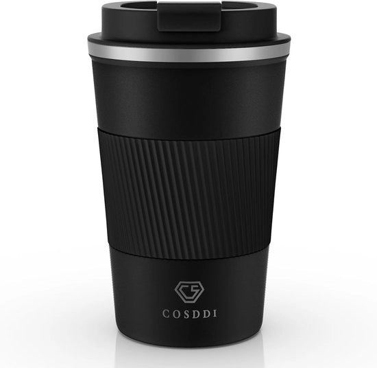Bicchiere termico isolato per viaggio - tazza per auto riciclabile - tazza in acciaio inossidabile per caffè acqua tè - 380 ml (nero-A)