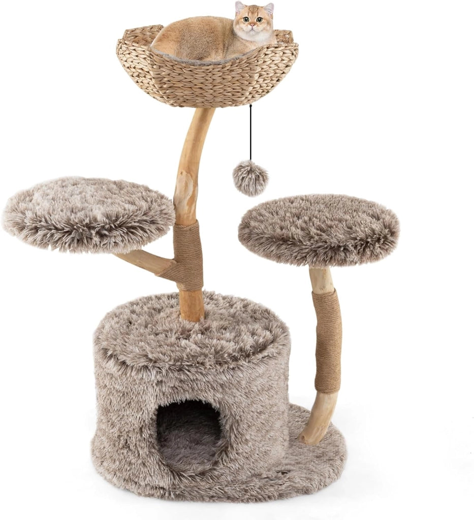 Tiragraffi per Gatti in Legno, 105 cm con 2 Posatoi e 1 Cuccia Grotta in Peluche, 1 Cesto di Vimini, 1 Pompon, Corda in Juta e Tronchi Naturali, Alberi per Gatti Stabile, Marrone