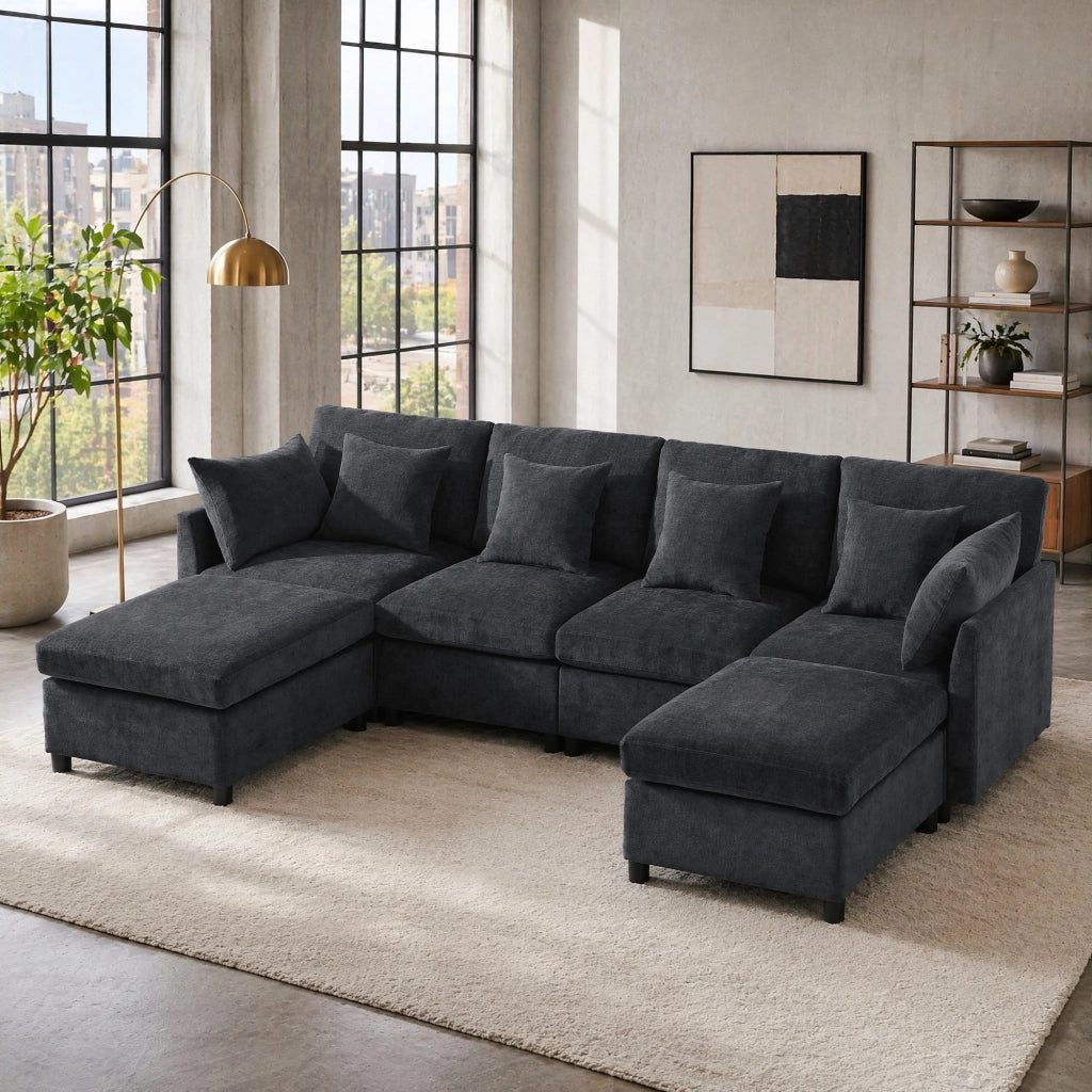 DIVANO MODULARE convertibile in U o L 278x161x81 cm Chenille grigio con 2 pouf e 6 cuscini