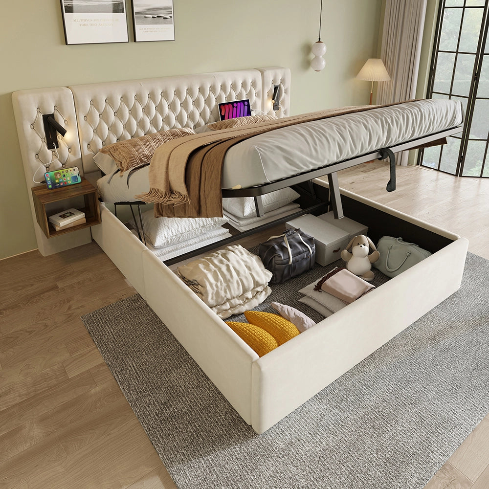 Letto con contenitore idraulico - Xylo - 180x200 cm - Velluto beige - Luci lettura e USB