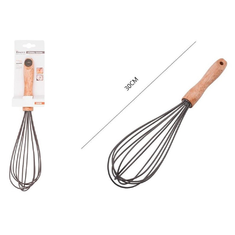 Trade Shop - Sbattiuova Frusta 12" Sbatti Uova In Silicone Manico Legno 30cm Da Cucina 50740 -