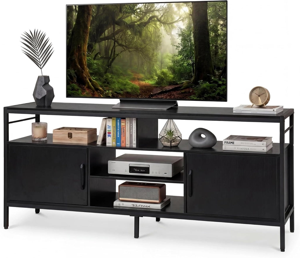 Mobile TV per Soggiorno, Mobile TV con 4 Ripiani Aperti e 2 Armadietti Chiusi, per Televisori fino a 65 Pollici, Stile Industriale con Struttura in Metallo per Camera da Letto (Nero)