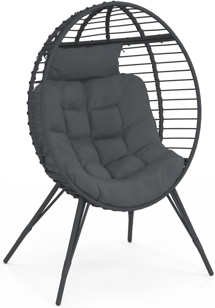Poltrona Egg con Base Traforata Effetto Rattan Grigio e Cuscino Grigio