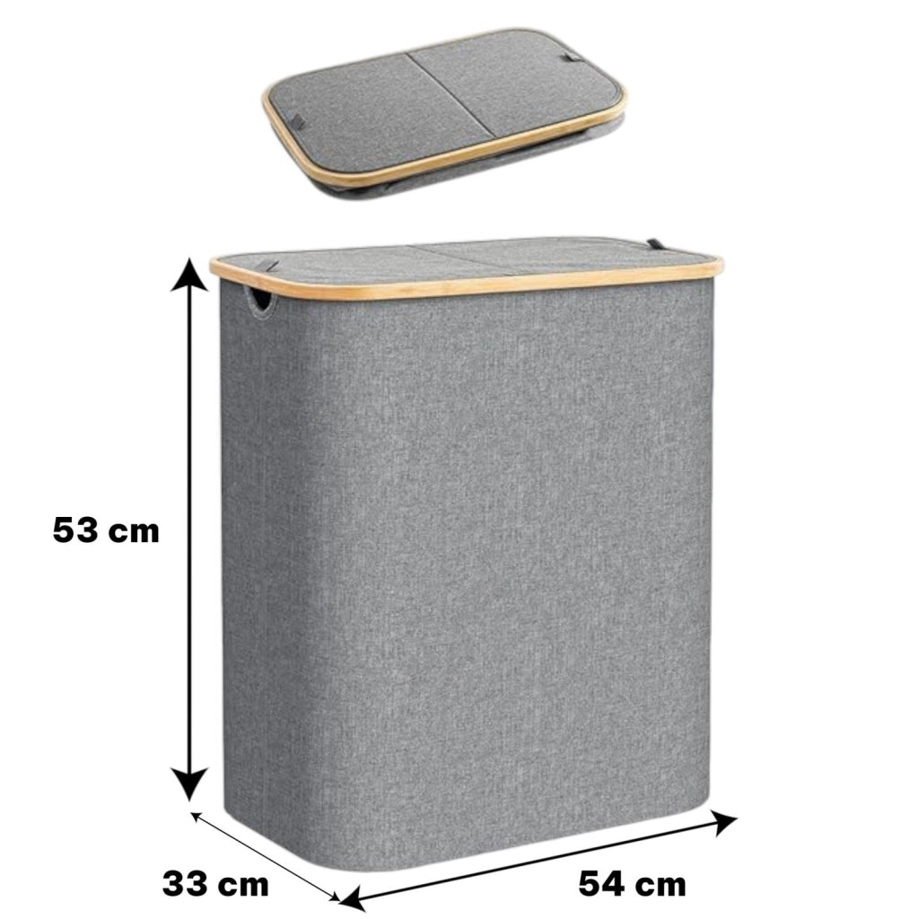 Cesto Portabiancheria Pieghevole 54x33x53cm Grigio Bambù con Coperchio 87742