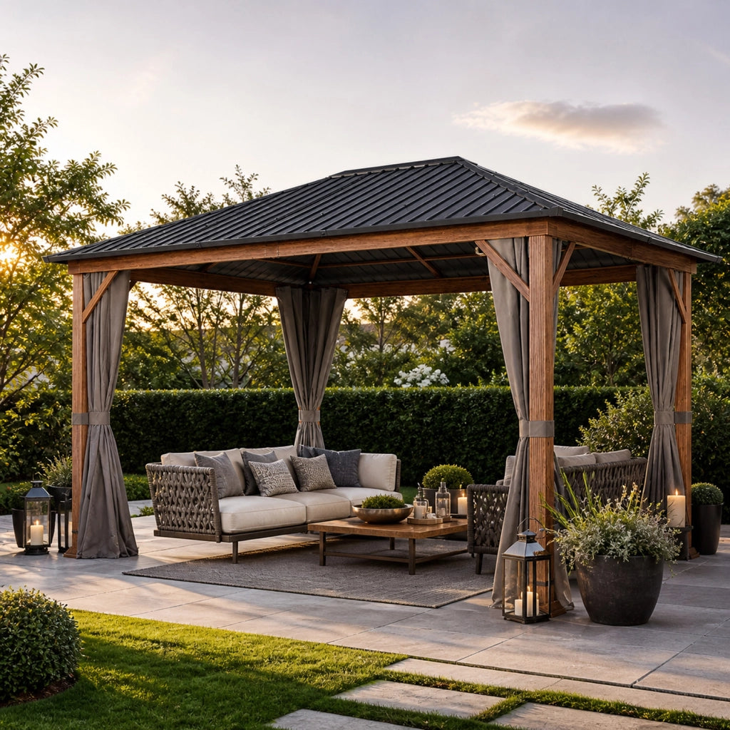 Gazebo Per Giardino 3x4 Metri Con Struttura Effetto Legno Tetto In Acciaio Zincato E Tende Laterali Impermeabili Adatto A Patio Terrazza E Outdoor 300 x 400 x 295 Cm Effetto Legno E Grigio