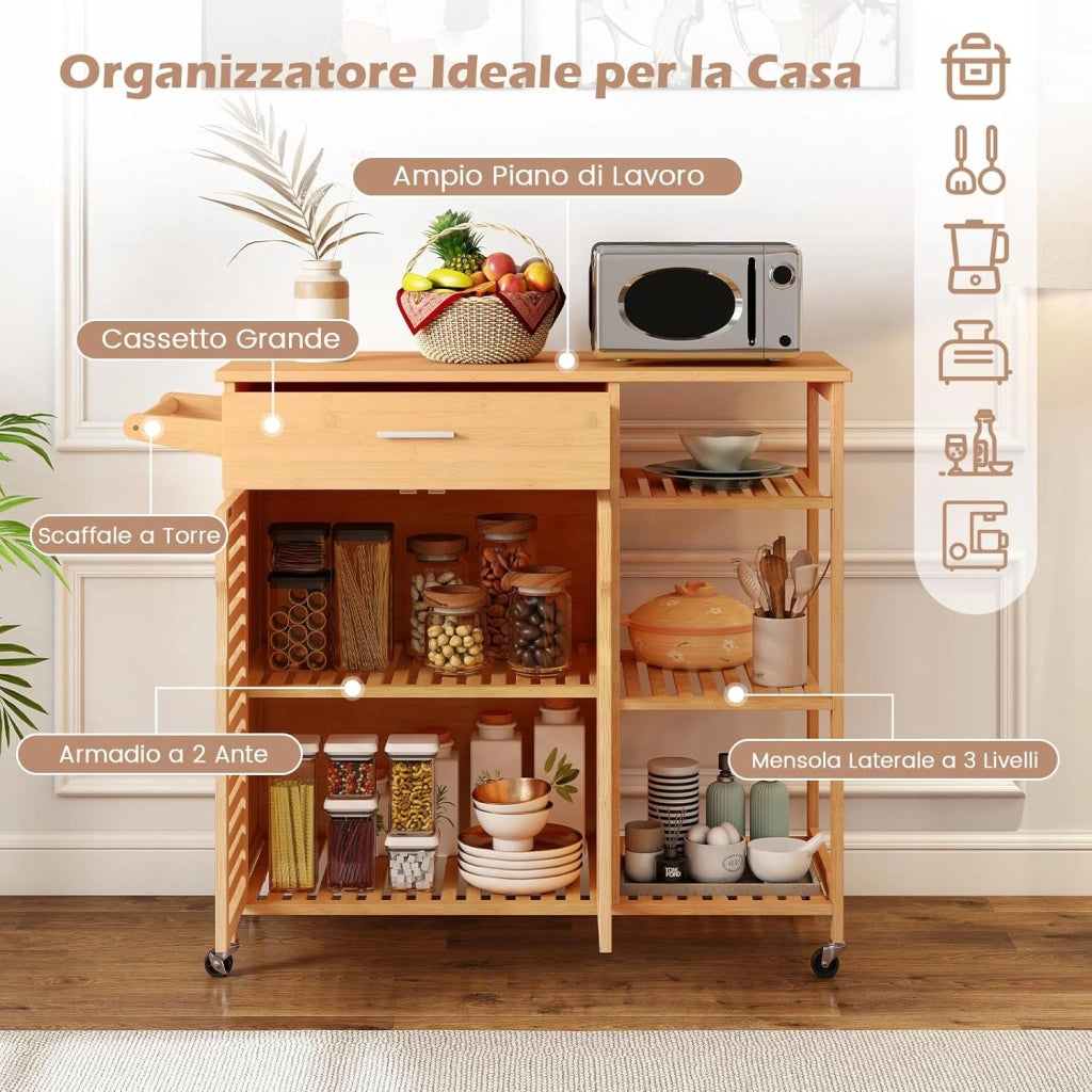 Carrello da Cucina, Mobile da Cucina in Bambù con Ruote Cassetto Ripiani Barra per Asciugamani e Armadio con 2 Porte, Organizzatore per Sala da Pranzo Soggiorno, 104x40x89 cm