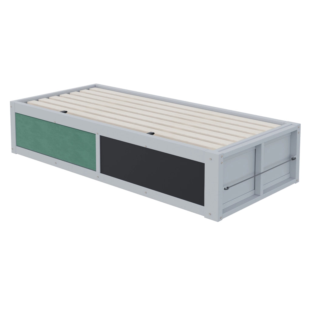 Letto bambini multifunzione 90x200 cm con contenitore idraulico; lavagna e pannello in feltro; grigio