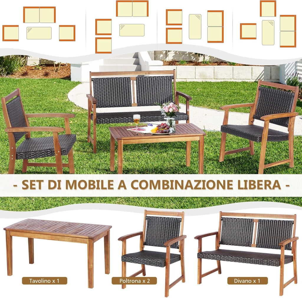 4 Pezzi Set Mobili da Esterno in Legno di Acacia, Set di Tavolino e Sedie con Seduta e Schienale in Rattan, Set Salotto per Giardino Patio e Terrazza