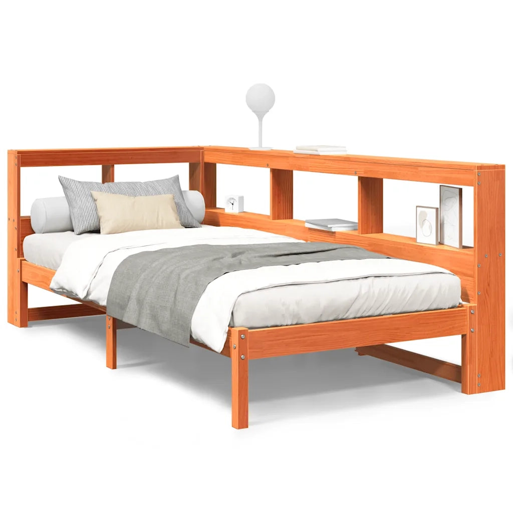 Letto Libreria senza Materasso-Struttura Letto con contenitore Marrone Cera 90x200 cm in Pino 135362