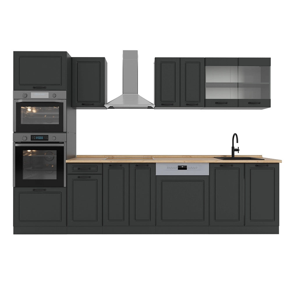 Cucina componibile R-Line Antracite rustico/Antracite 300 cm con armadio alto, PL Rovere Vicco
