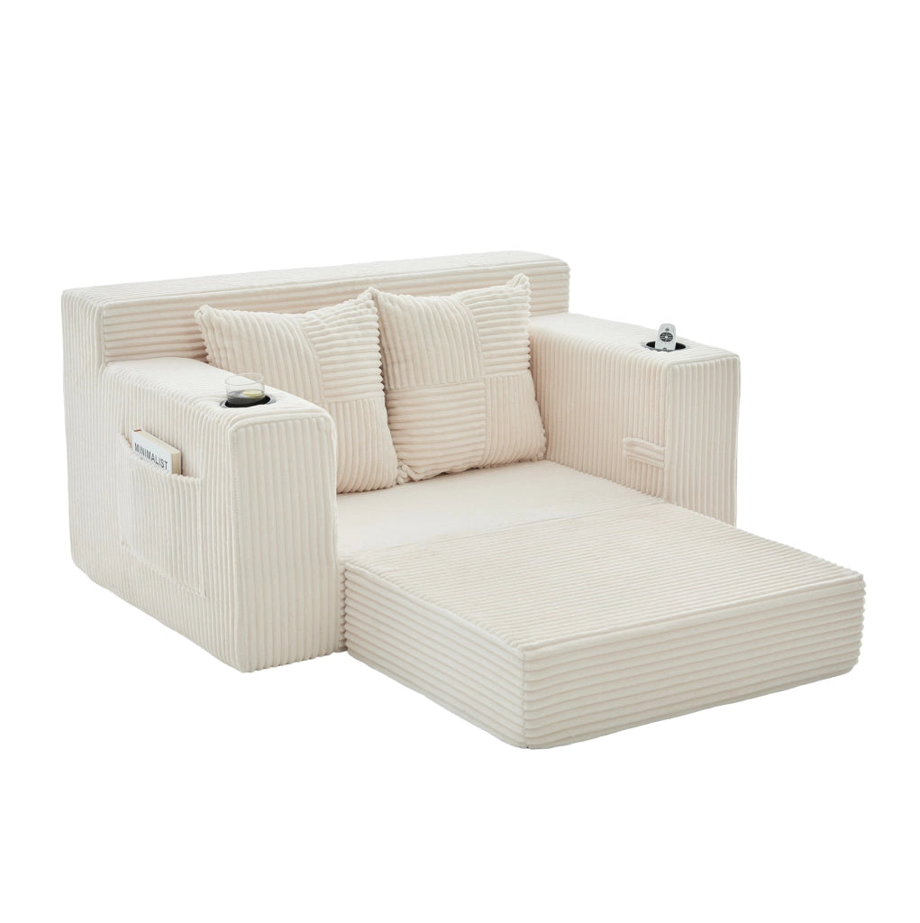 Pouf sofa in velluto a coste beige con 2 cuscini e tasche laterali; 151x133x64 cm
