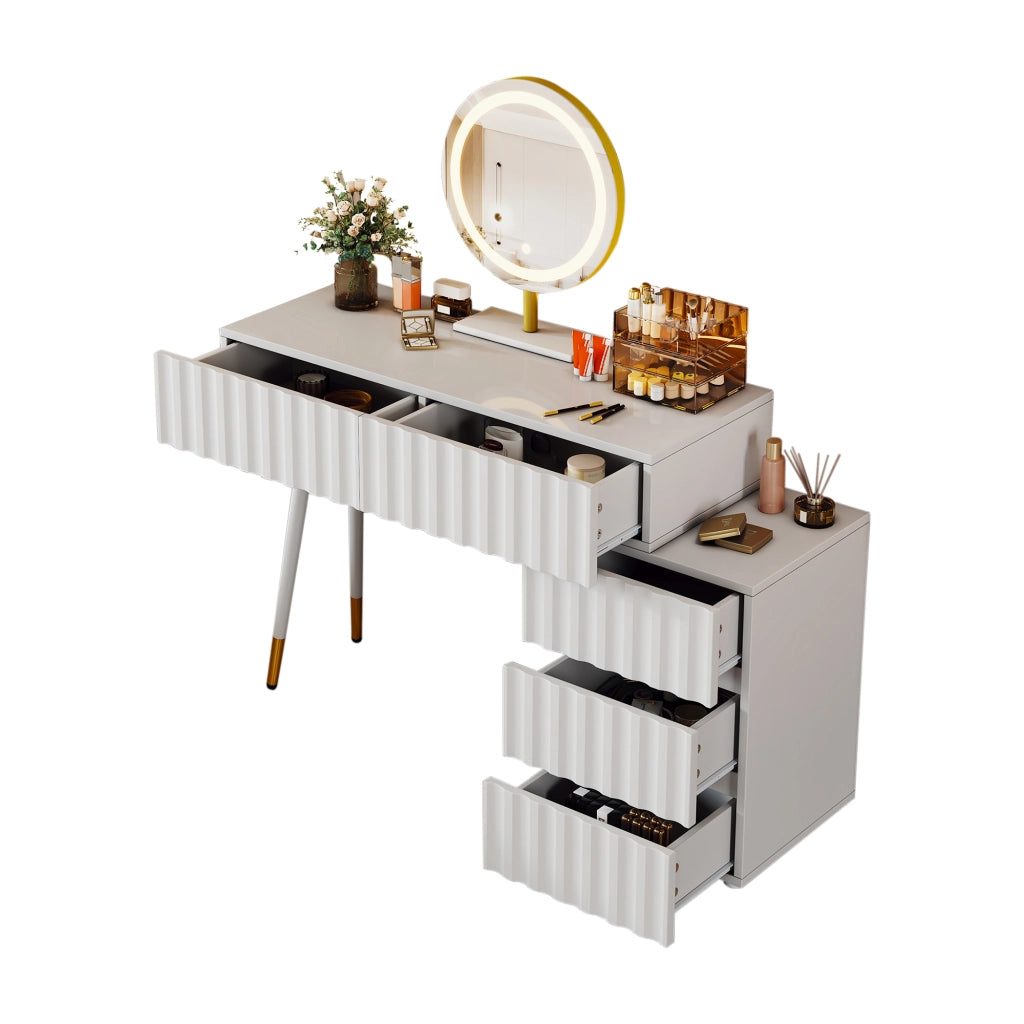 Tavolo da trucco bianco con specchio LED, 5 cassetti e mobile laterale, 100x40x127 cm