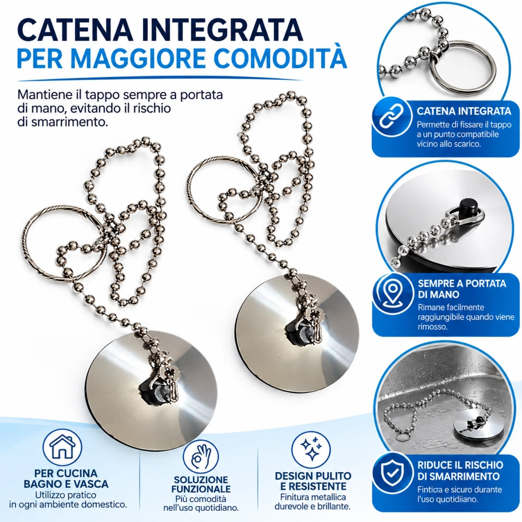 2 Tappi Universali Lavello Ø4 cm con Catena Cucina Bagno Vasca 10394