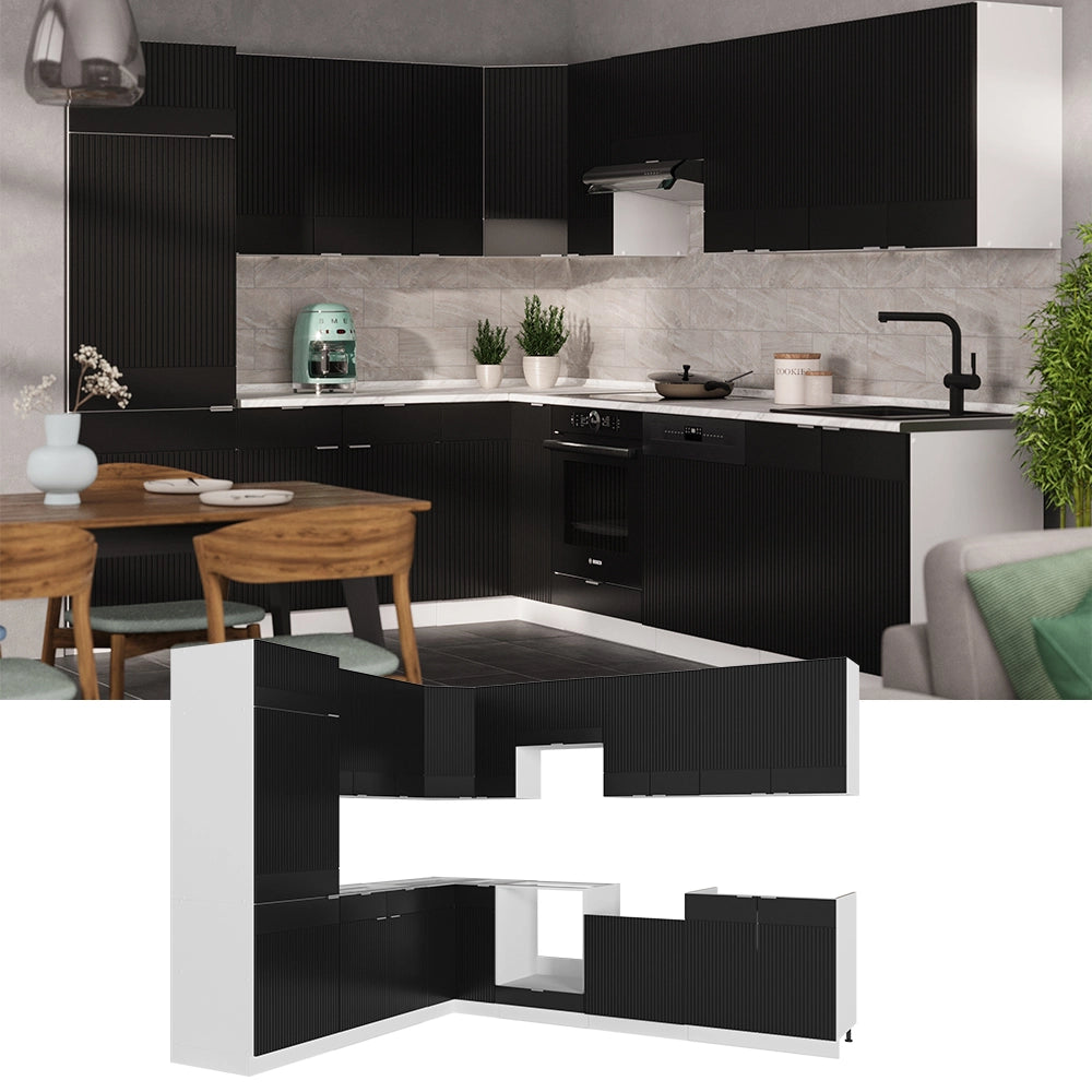 Vicco Cucina angolare completa Nero a righe/bianco 227 x 60 cm senza piano di lavoro