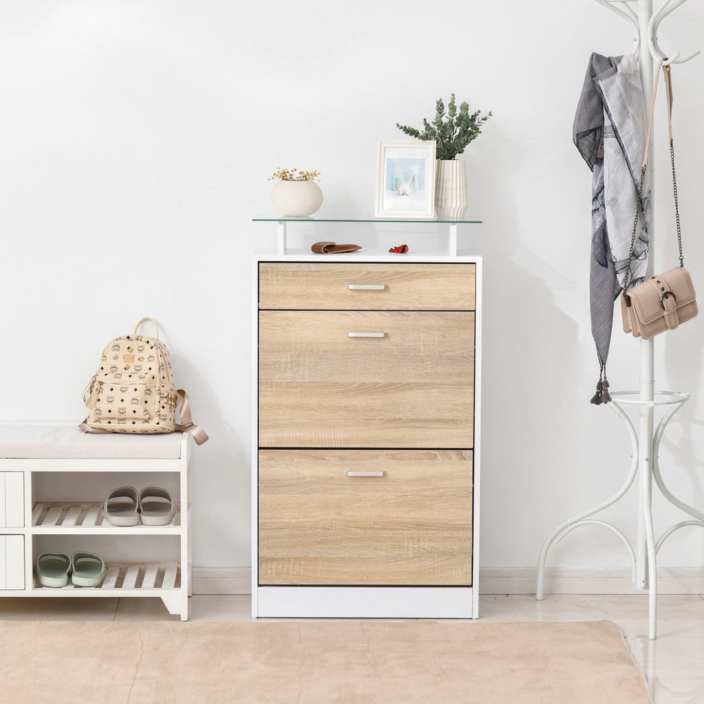 Armadio Scarpiere con 3 Cassetti e Ripiano in Vetro ¨C Zephmum ¨C 60x24x105,5 cm Naturale