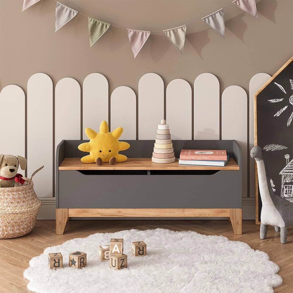Cassapanca per giocattoli Malia, Grigio/Artisan, 107.2 x 50 cm con sedile, con spazio contenitivo e combinabile con altri mobili Malia