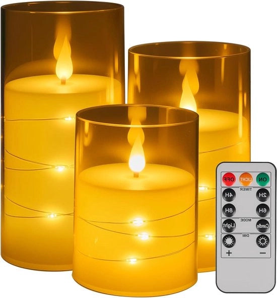 Set di candele LED senza fiamma con telecomando e timer - Pacchetto da 3 candele marroni scuro - Catena di luce batteri alimentata con effetto fiamma per esterni per matrimoni e feste di Natale