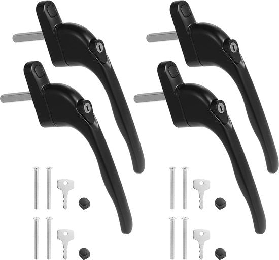 4 x Spinghi universali bloccabili in alluminio per sostituire la maniglia di finestra con lunghezza di vite di 43 mm per finestre in PVC entrambi all'interno ed all'esterno. (Nero)