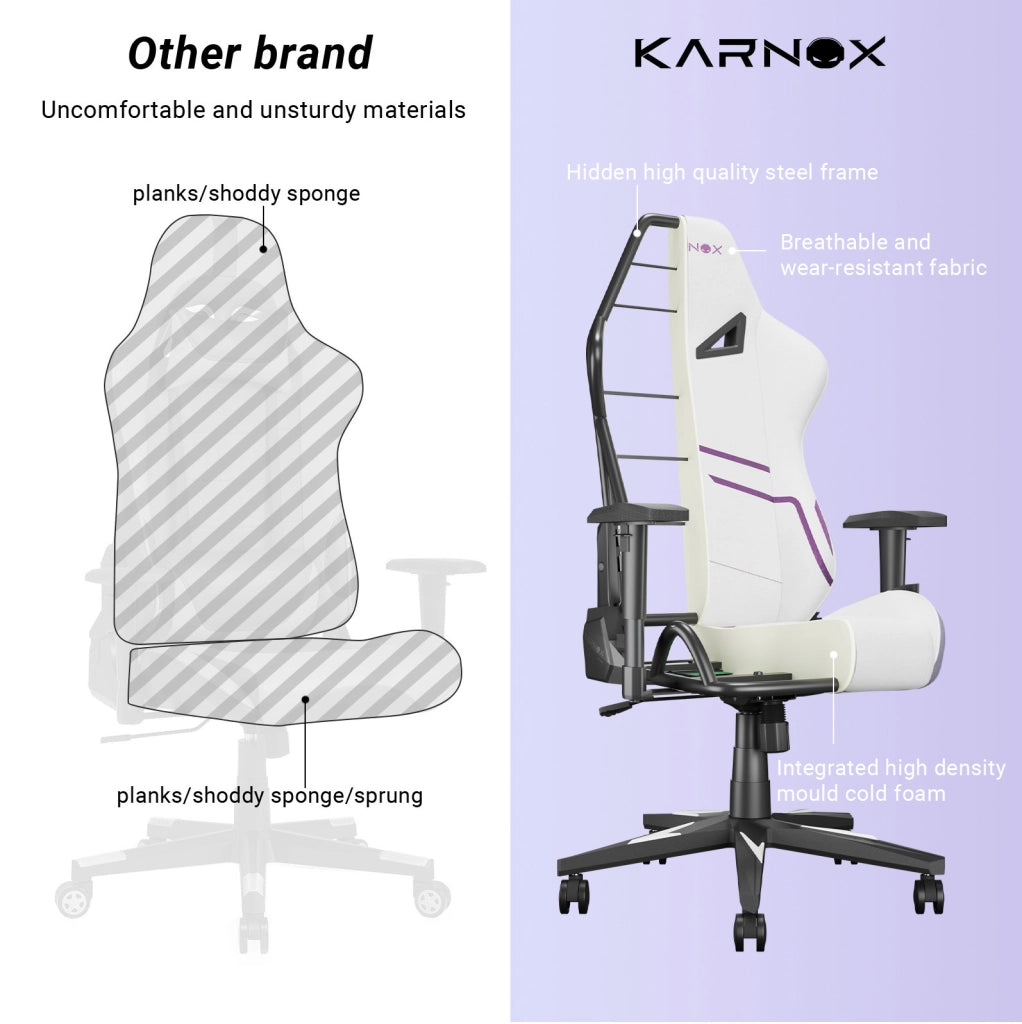 Sedia gaming ergonomica KARNOX in tessuto bianco e viola; reclinabile 90°-155°