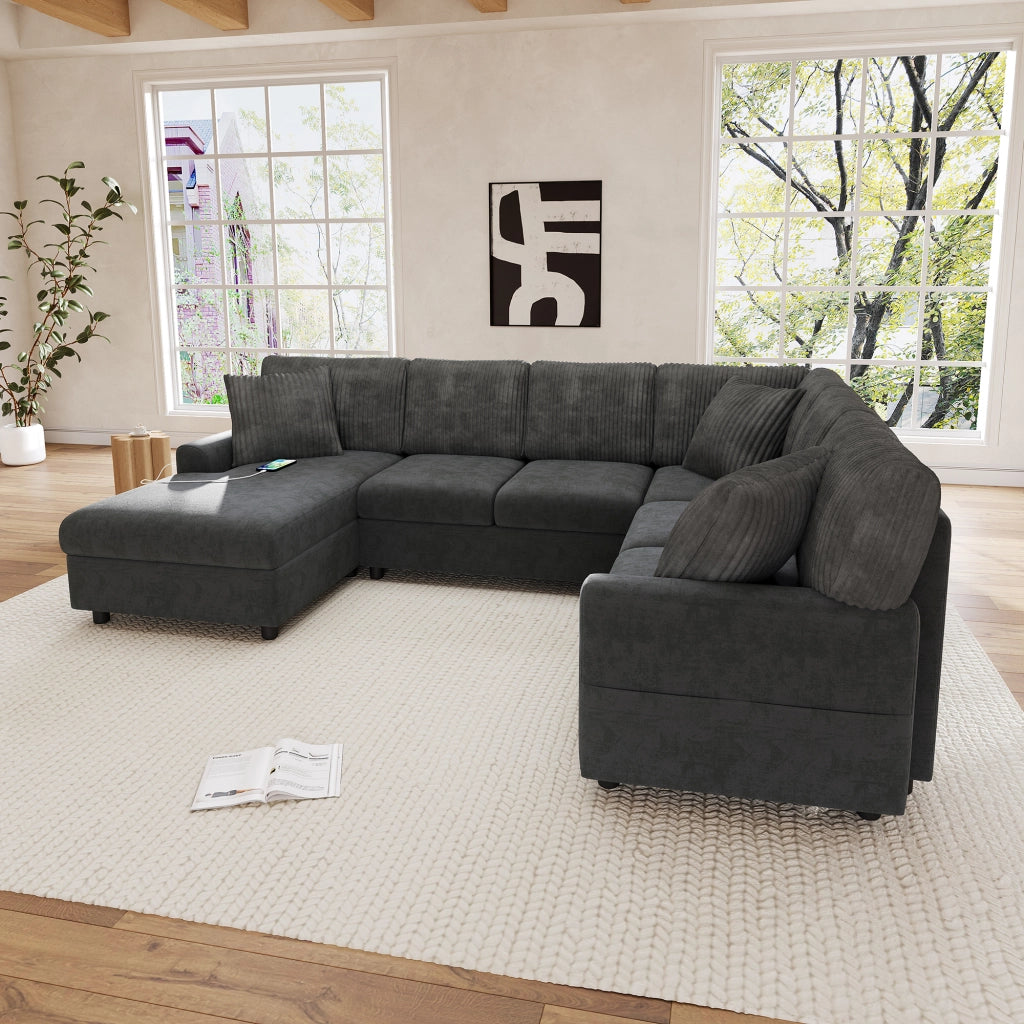 Divano angolare a U con chaise longue; 3 cuscini; USB e Type-C in chenille grigio