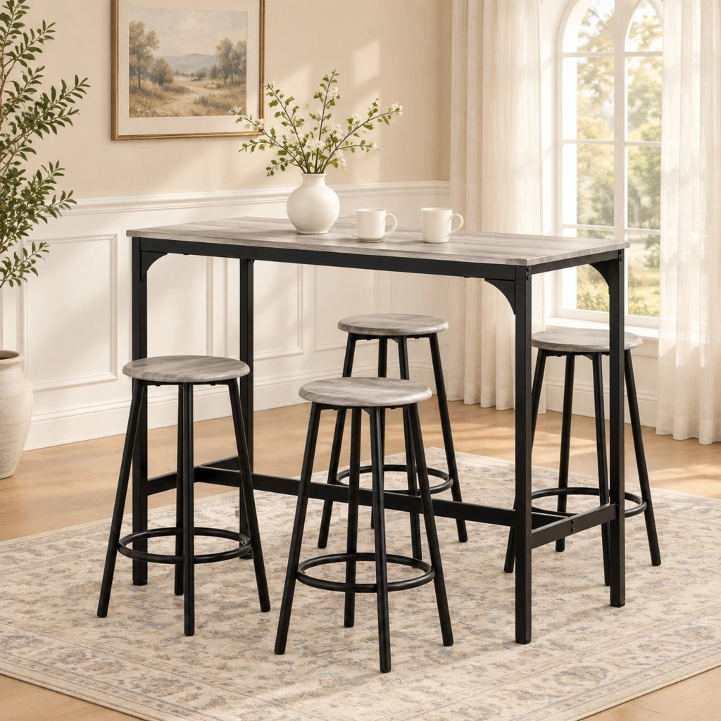 Set tavolo bar con 4 sgabelli in MDF e metallo grigio