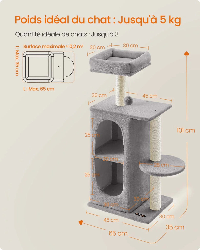 Tiragraffi piccolo con 2 nicchie e tiragraffi 45 x 35 x 101 cm per case con più gatti grigio chiaro 12_0006910
