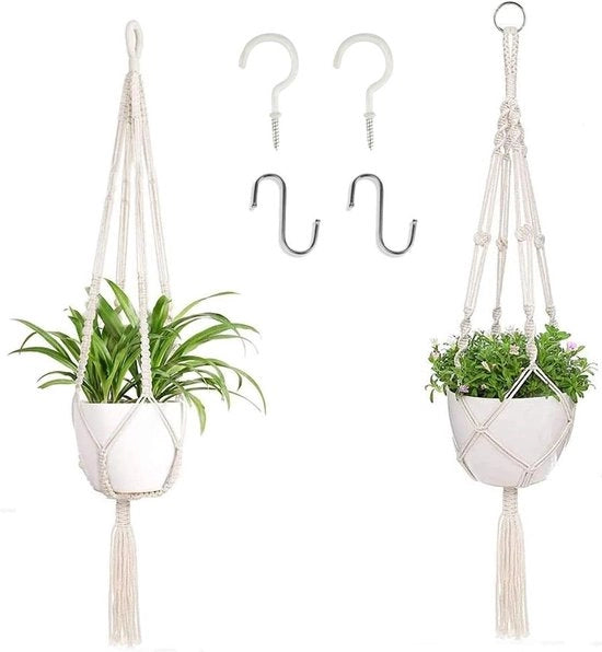 Due portahanghi in macramé con 4 ganci - 100 cm - decorazione per pareti, plafond e balcone - per esterni e interni - beige